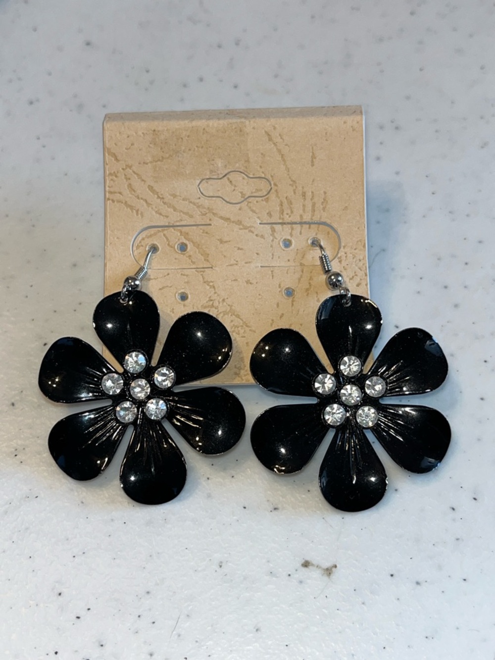 Black Flower Drop Earrings with Crystal Centers
